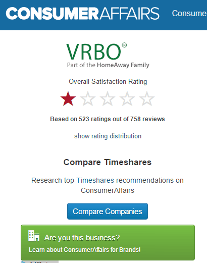 VRBO Consumer Affairs Rating 1 Star