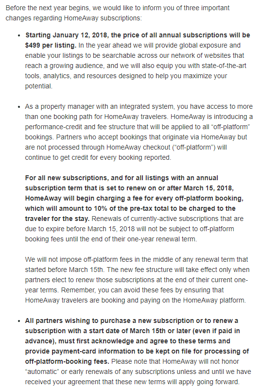 HomeAway Increases Subscription Fees