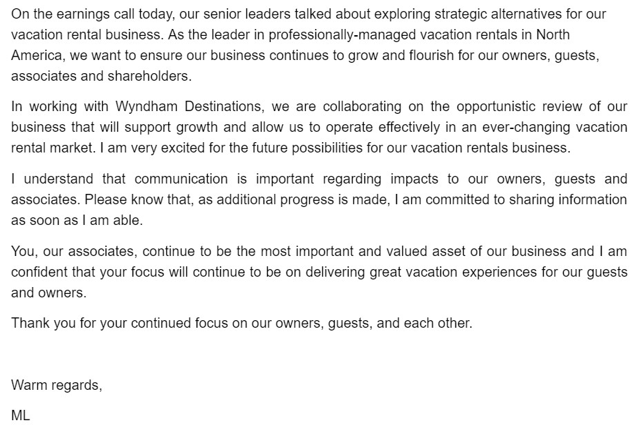 Wyndham Letter to Employees about Pending Spin Off