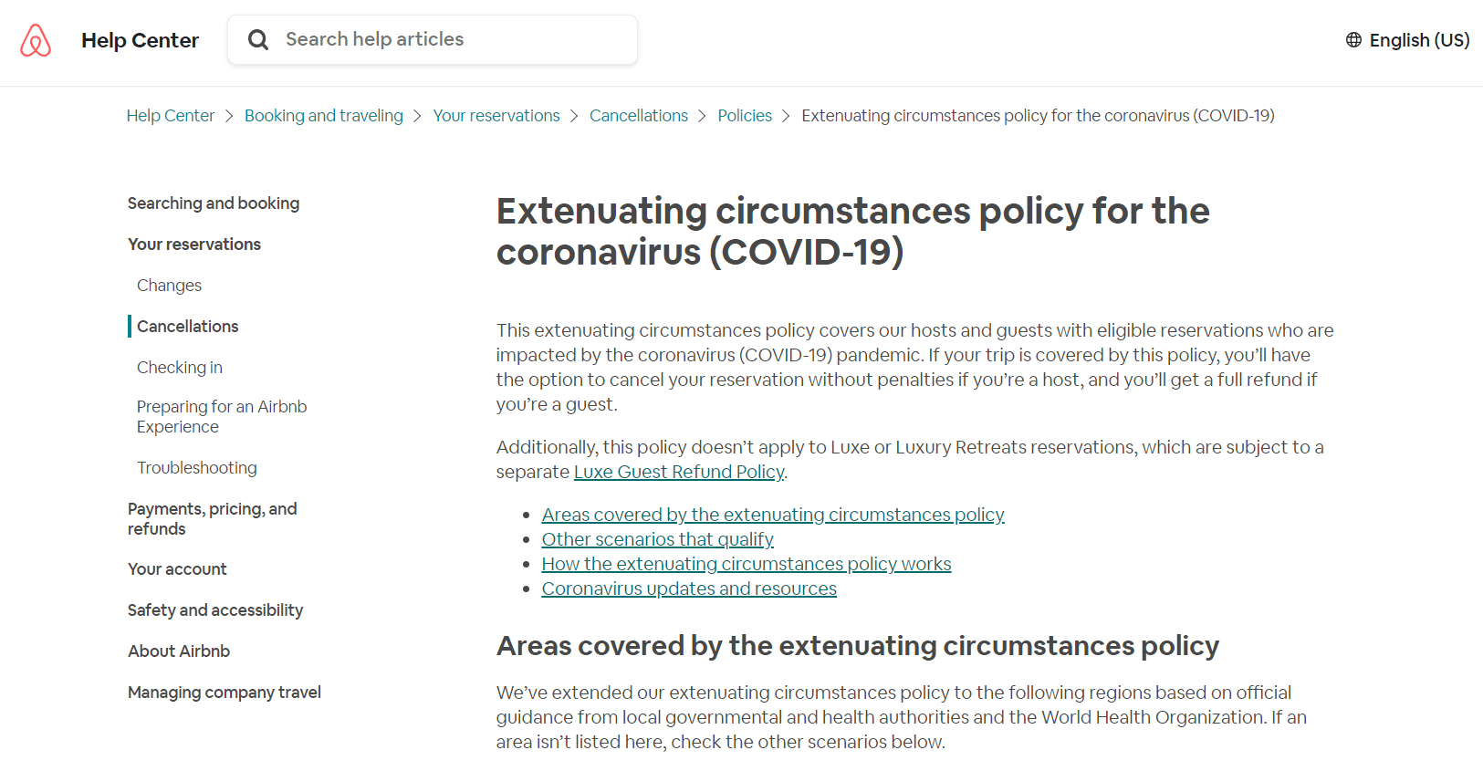 Airbnb COVID-19 Extenuating Circumstances Policy Changes