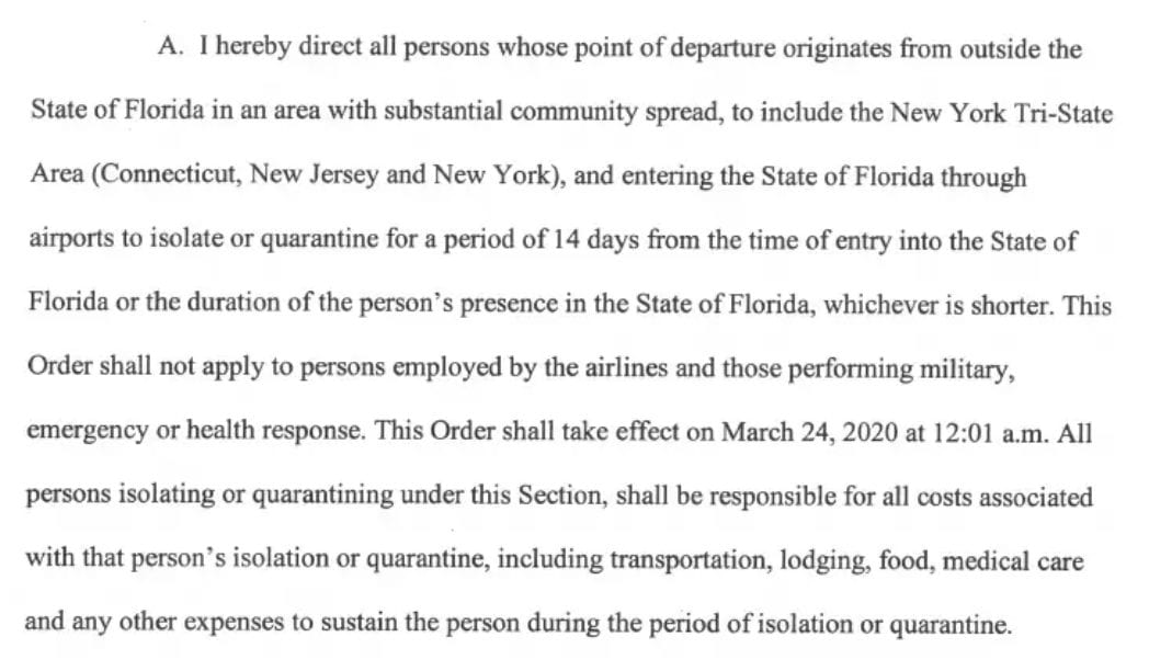 Florida Governor Executive Order Domestic Travel Restrictions