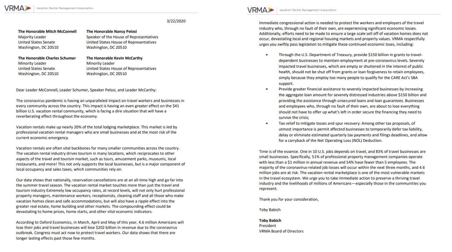 VRMA Letter to Congress to get Relief for Vacation Rental Companies