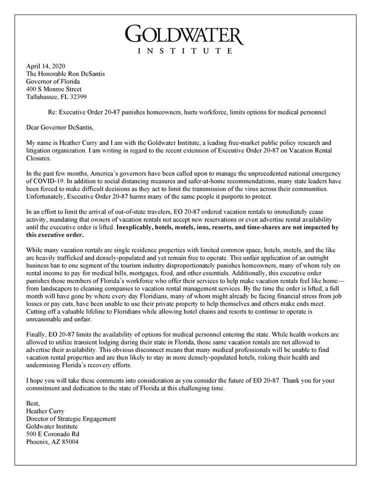 Letter of Demand Goldwater for Florida Ban on Vacation Rentals