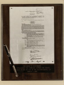 Alan Holden's commemorative plaque with a signed copy of the NC Vacation Rental Act given to him by Governor Hunt